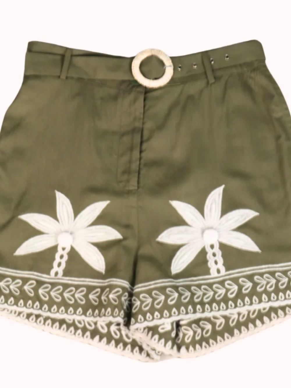 Olive green shorts with palm tree embroidery